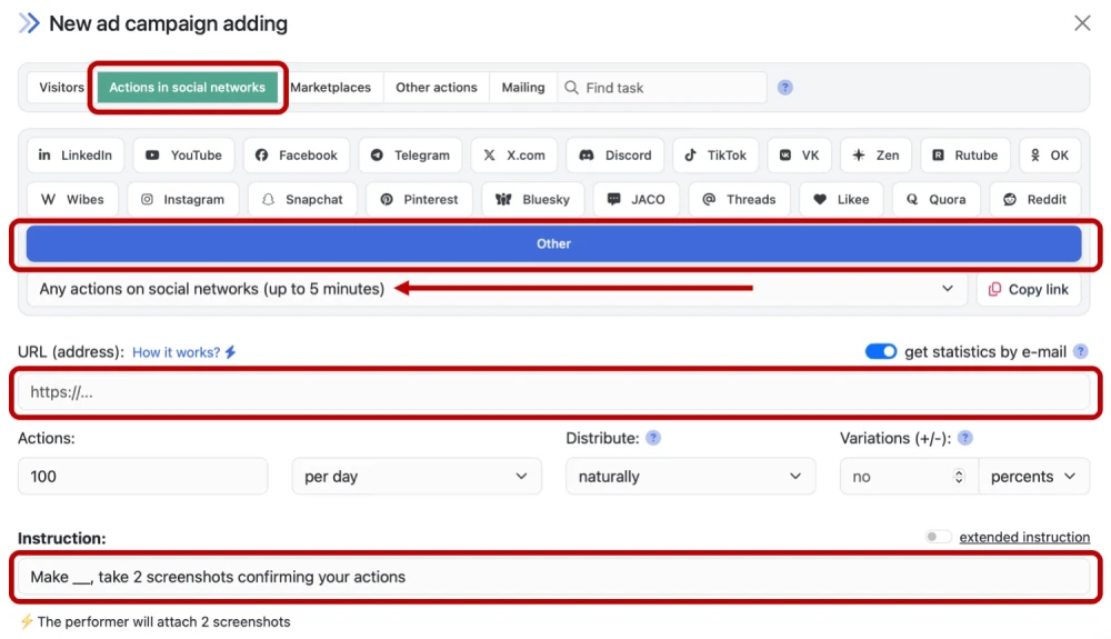 Any actions on social networks (up to 5 minutes) - 1